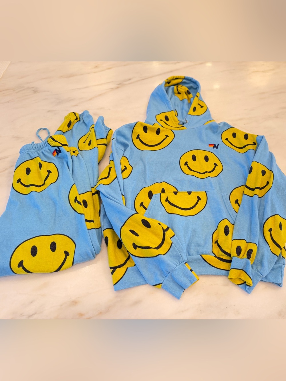 Aviator Nation blue hoodie and sweatpants smiley face set small s